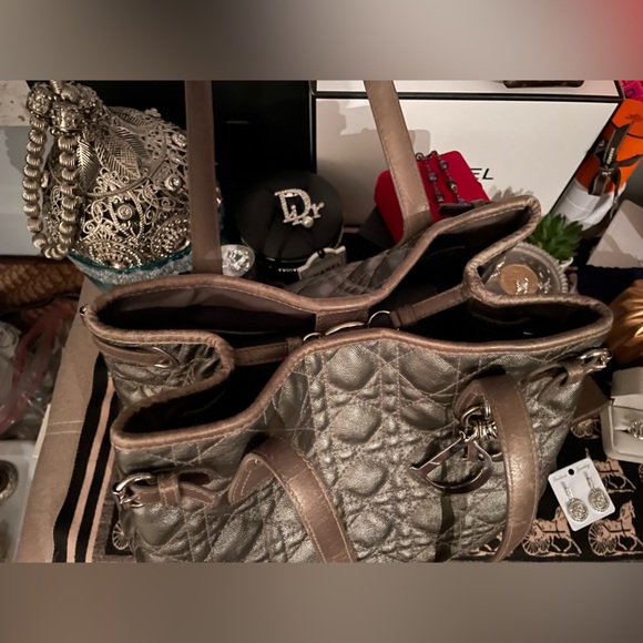 ✨SOLD✨Christian Dior Panarea Cloth Quilt Metallic Gray Tote Bag Silver Hardware - Picture 15 of 16